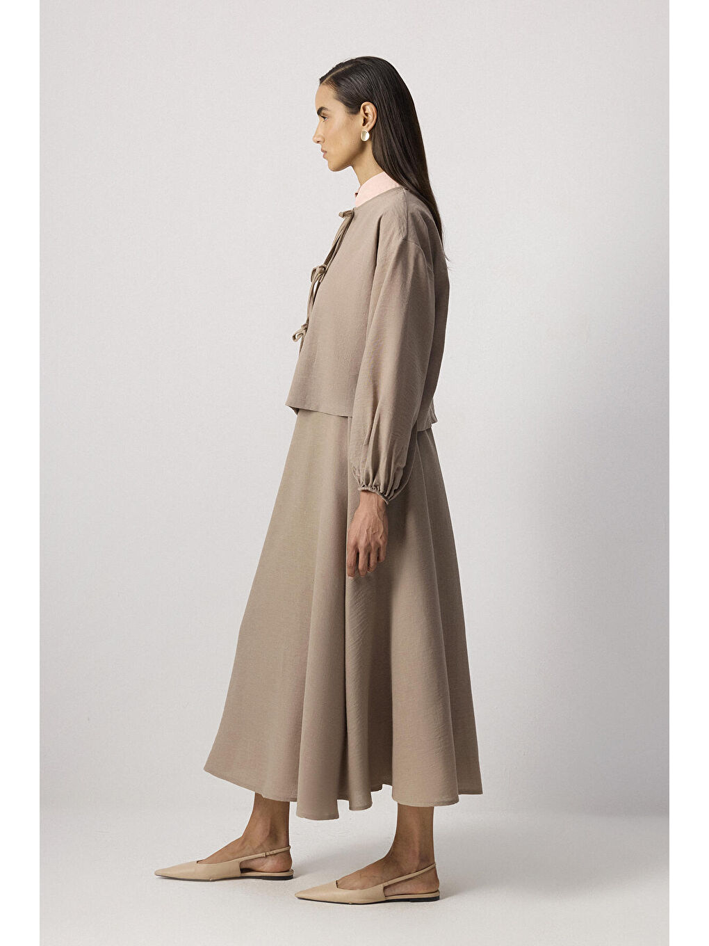 Bej Önden Bağlamalı Ceket Etek Takım-4