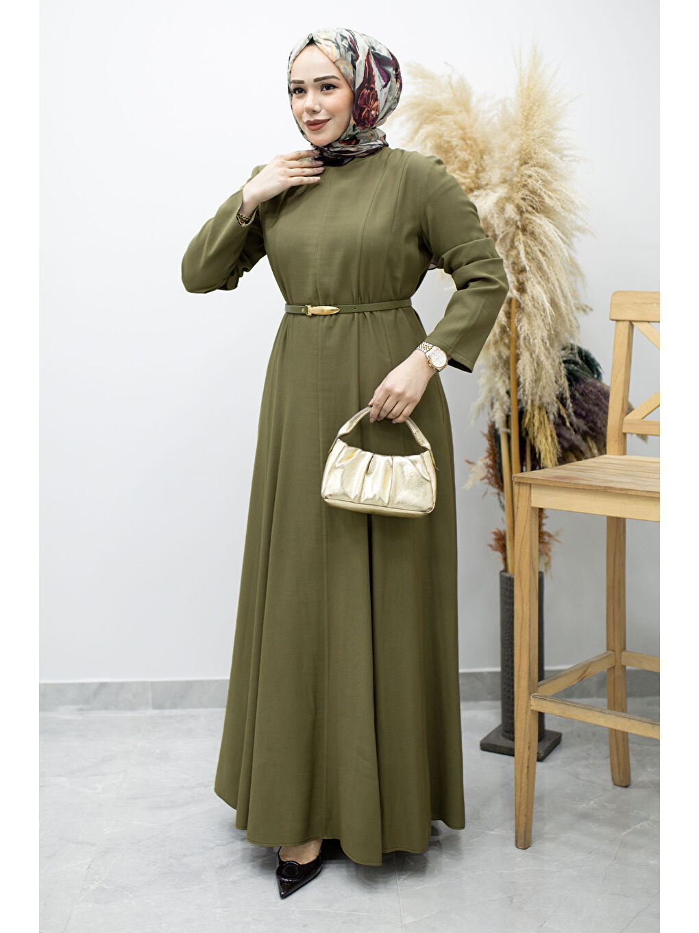 Pensli Hakim Yaka Kemerli Elbise TSD260184 Haki-2
