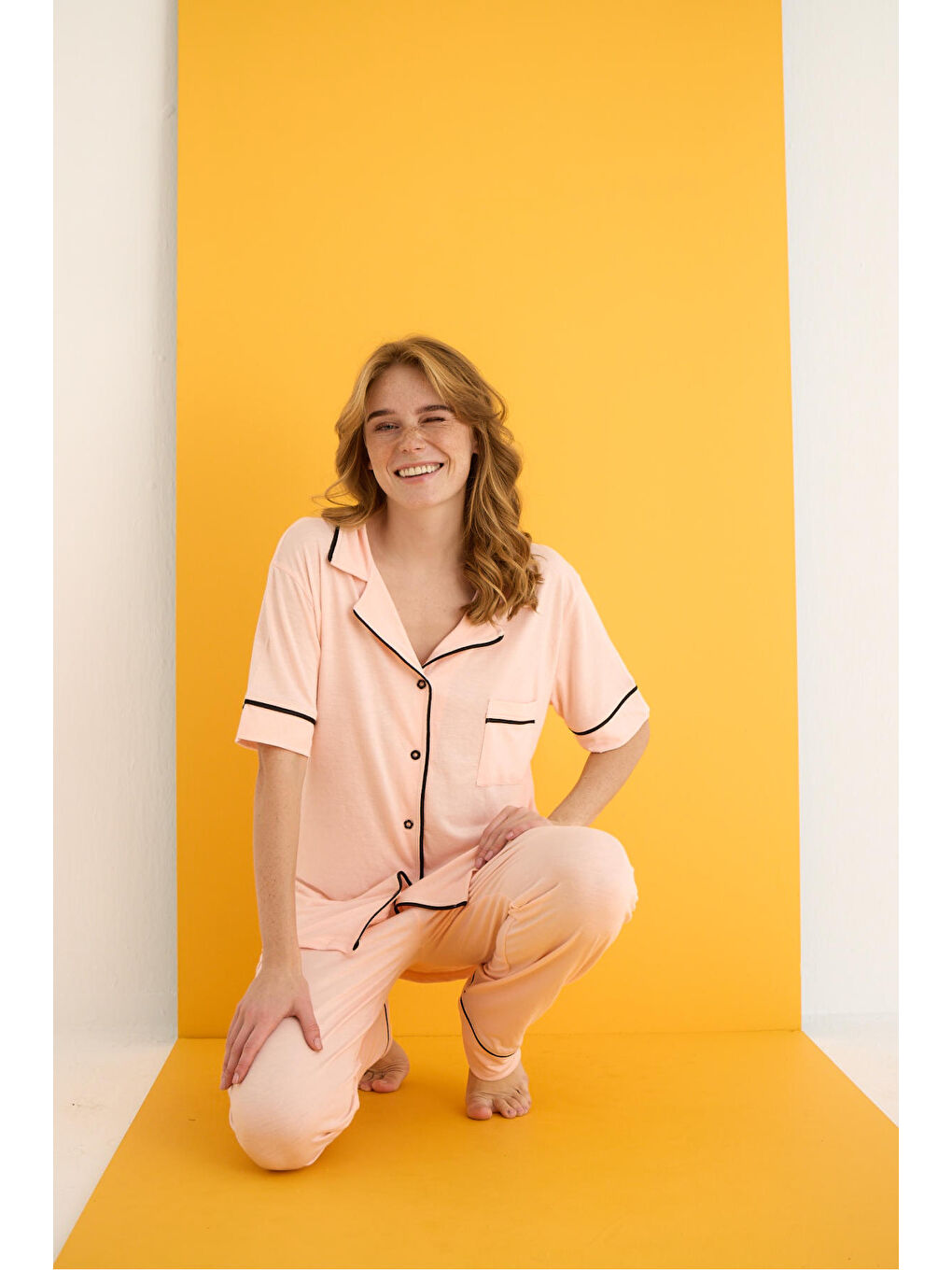 Pembe Viskon Düğmeli Pijama Takımı 7041-2-1