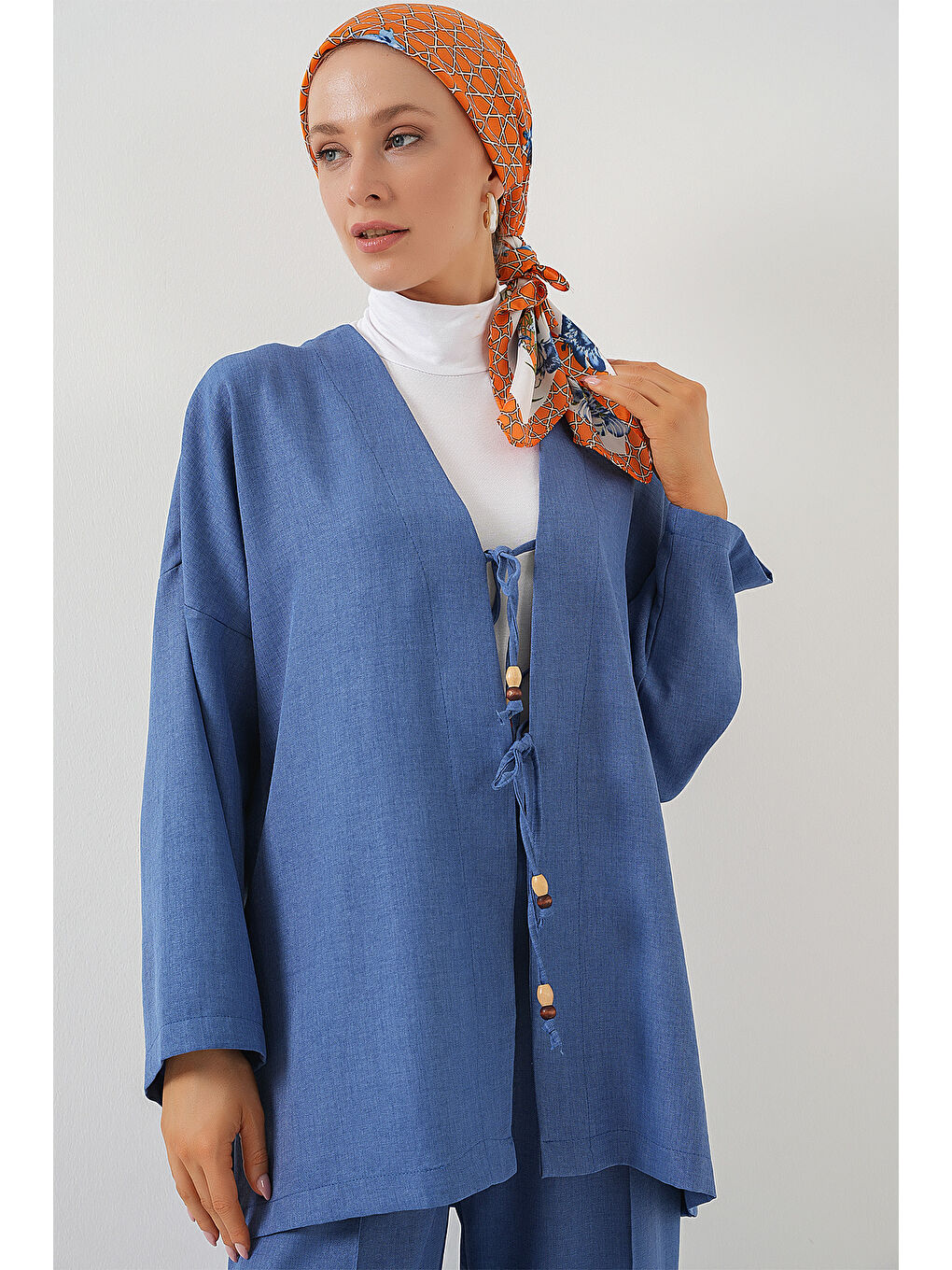 Kadın Keten Kimono İkili Takım 6727 - İndigo-1