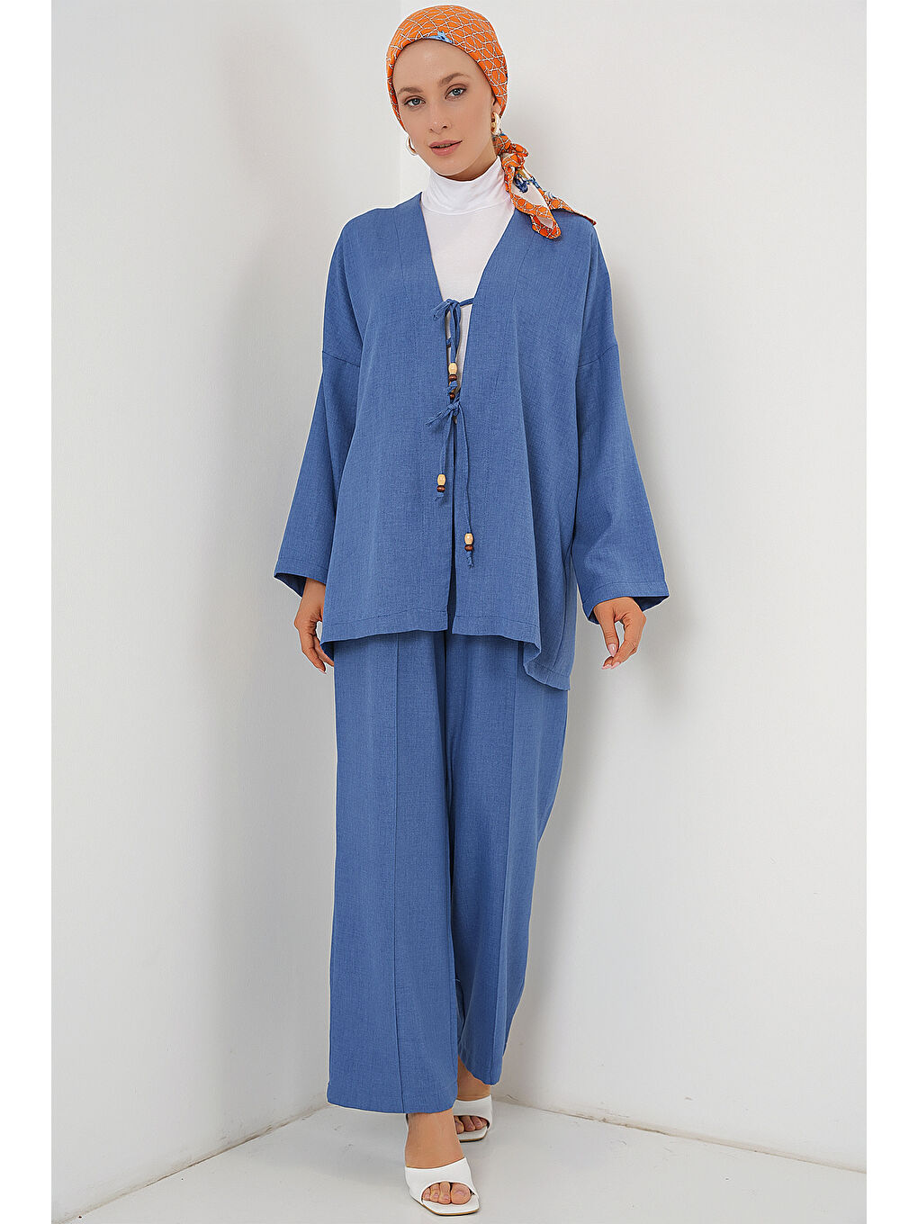 Kadın Keten Kimono İkili Takım 6727 - İndigo-2