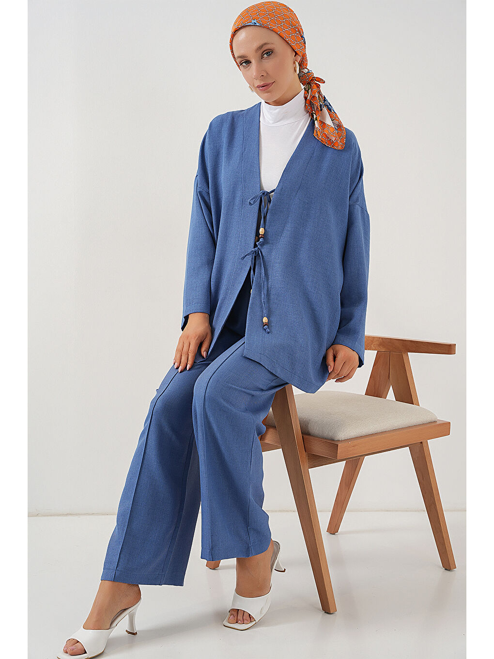 Kadın Keten Kimono İkili Takım 6727 - İndigo-3