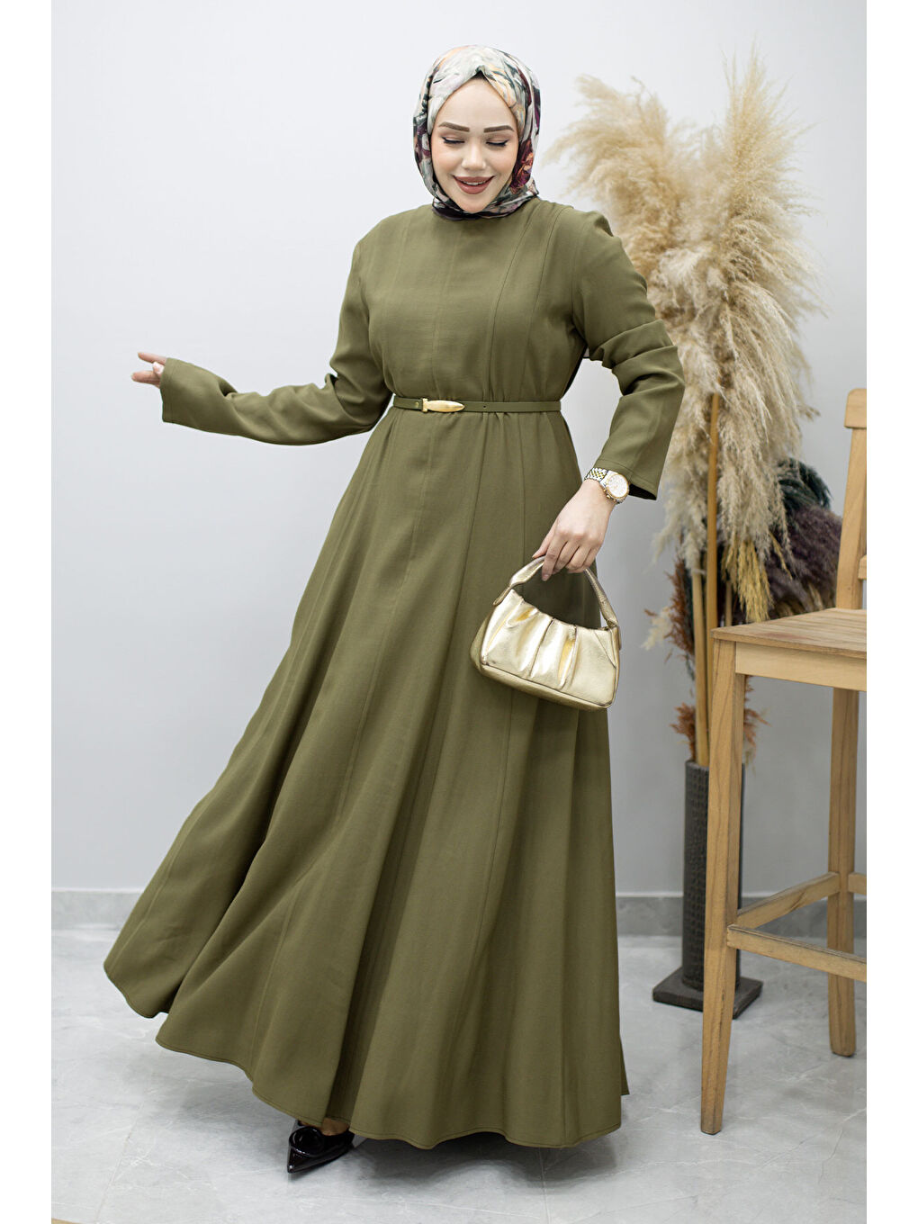 Pensli Hakim Yaka Kemerli Elbise TSD260184 Haki-3