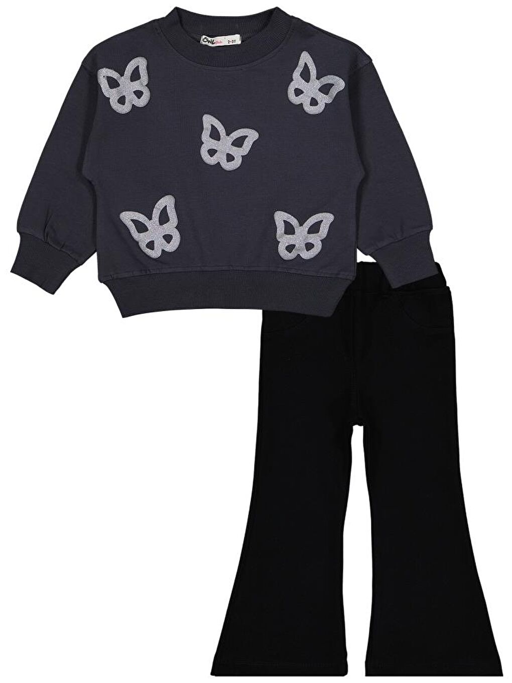 Antrasit Girls Simli Kelebek Baskılı 2-5 Yaş Takım - Gri 4-5 Yaş-1