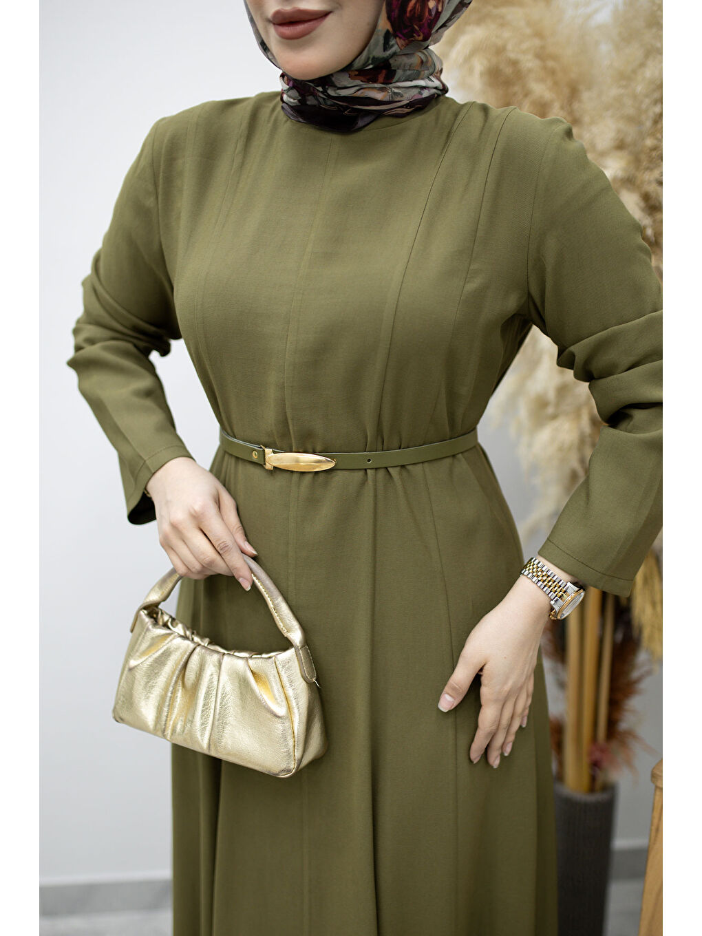 Pensli Hakim Yaka Kemerli Elbise TSD260184 Haki-4