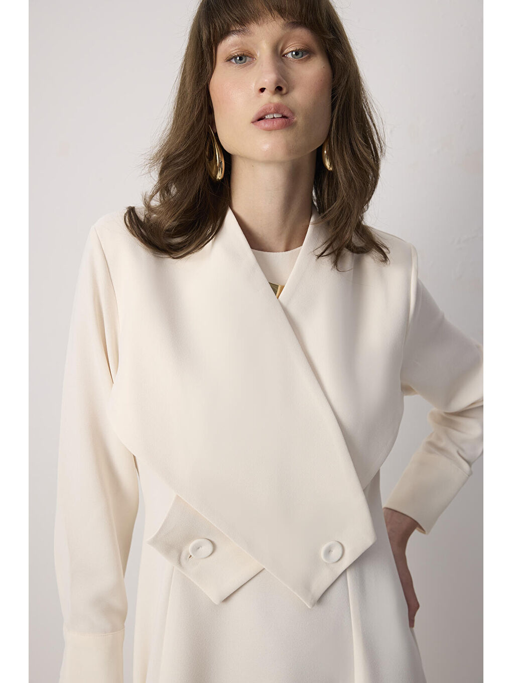 Bej Kruvaze Yaka Elbise-1