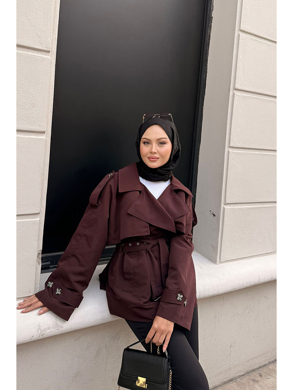 Kadın Kemer Detay Kısa Trenç Bordo-2