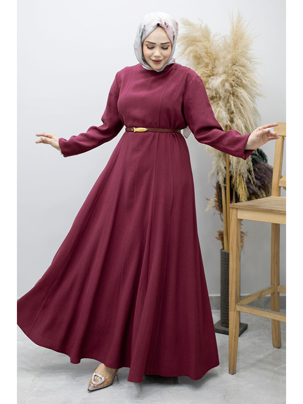 Pensli Hakim Yaka Kemerli Elbise TSD260184 Fuşya