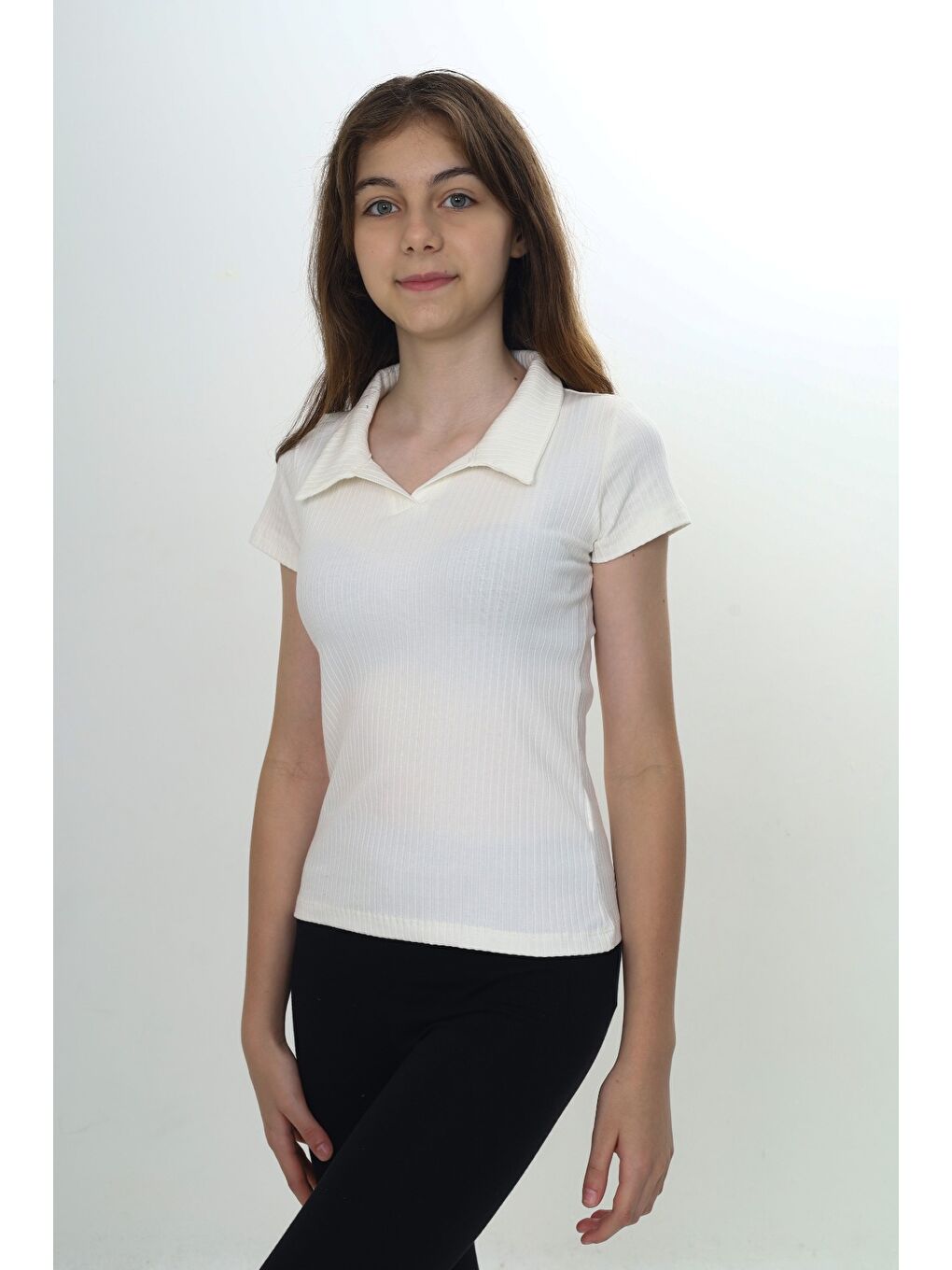 Ekru Kız Çocuk Okul Polo Yaka Fitilli Tişört-1