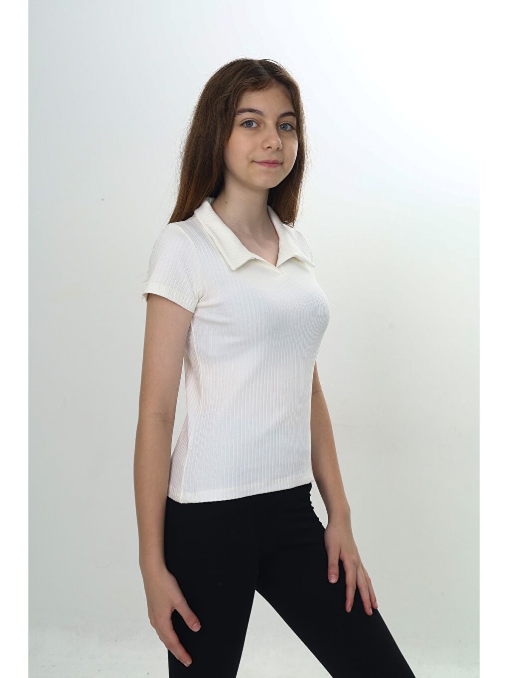 Ekru Kız Çocuk Okul Polo Yaka Fitilli Tişört-2