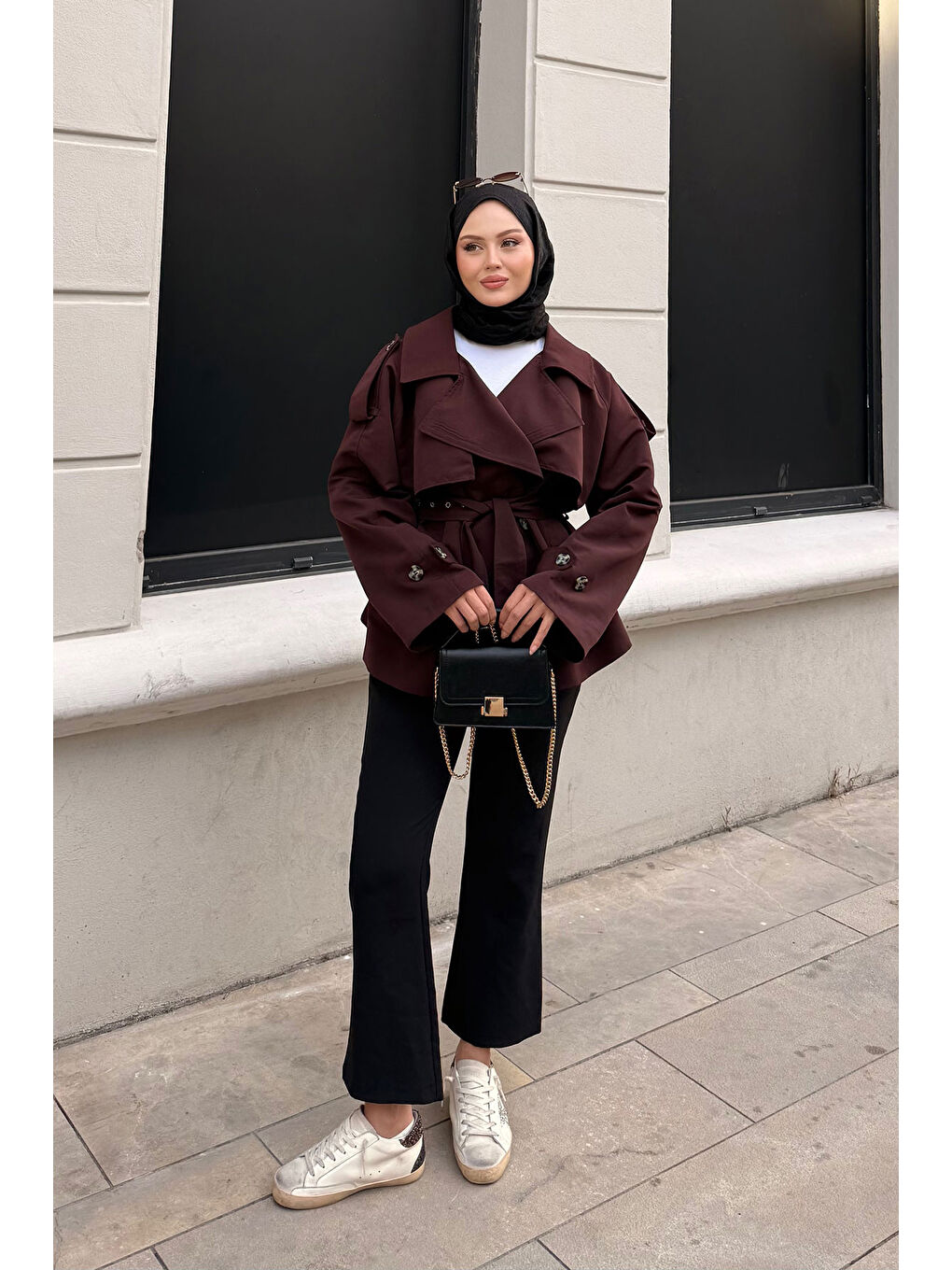 Kadın Kemer Detay Kısa Trenç Bordo-3