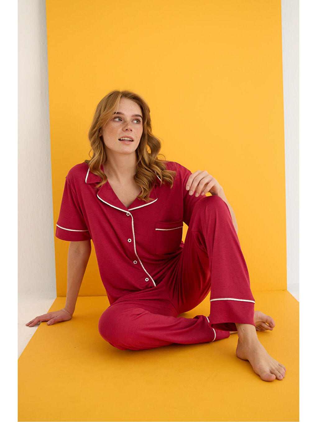 Beyaz Viskon Düğmeli Pijama Takımı 7041-7-1