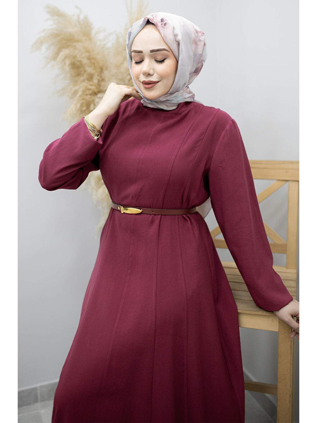 Pensli Hakim Yaka Kemerli Elbise TSD260184 Fuşya-1