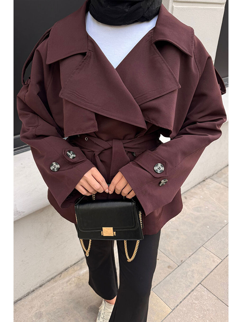 Kadın Kemer Detay Kısa Trenç Bordo-4