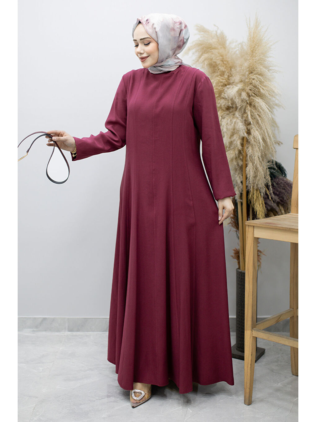 Pensli Hakim Yaka Kemerli Elbise TSD260184 Fuşya-2