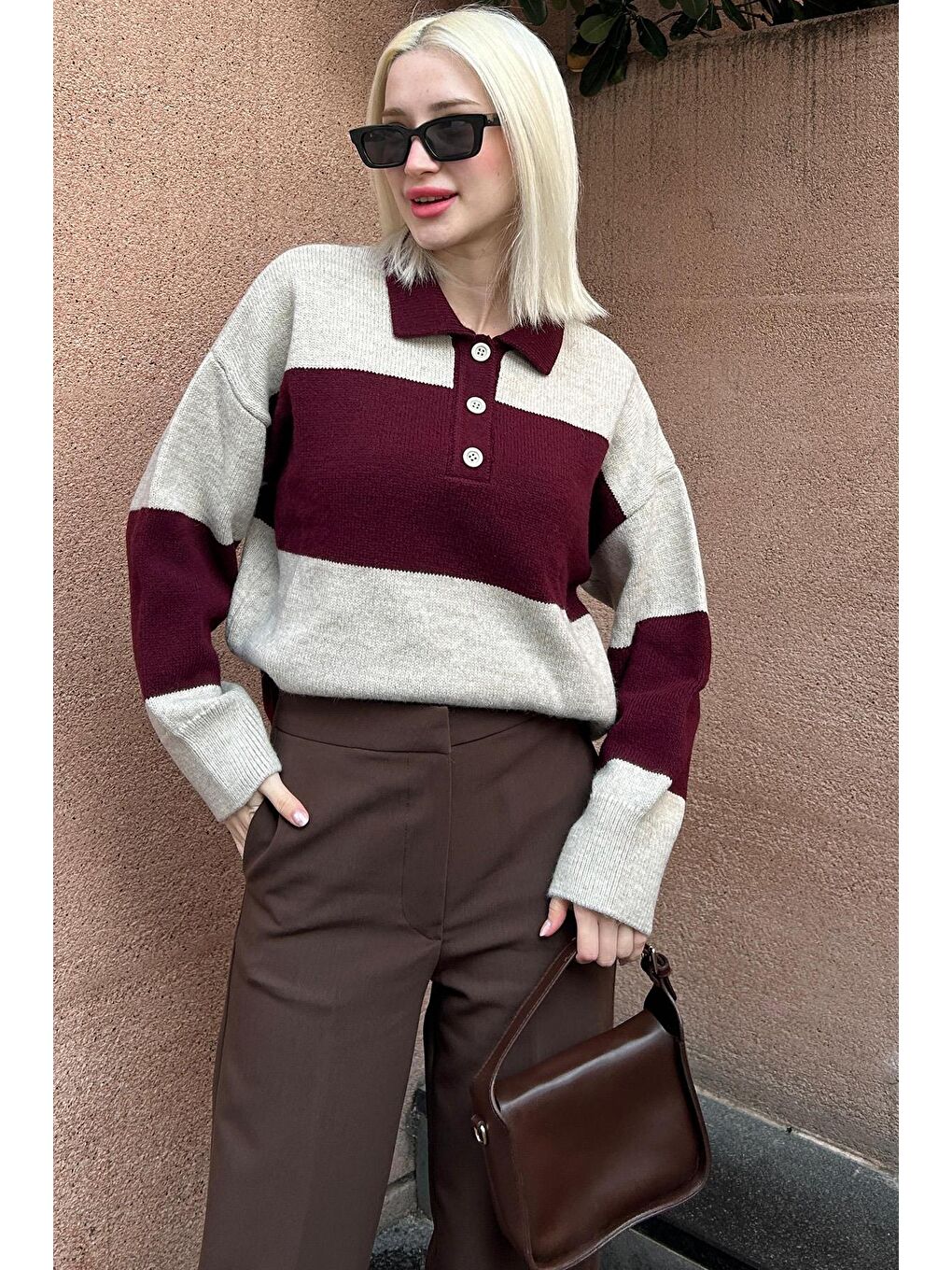 Bordo Düğmeli Polo Yaka Çizgili Kadın Kazak Mg2286