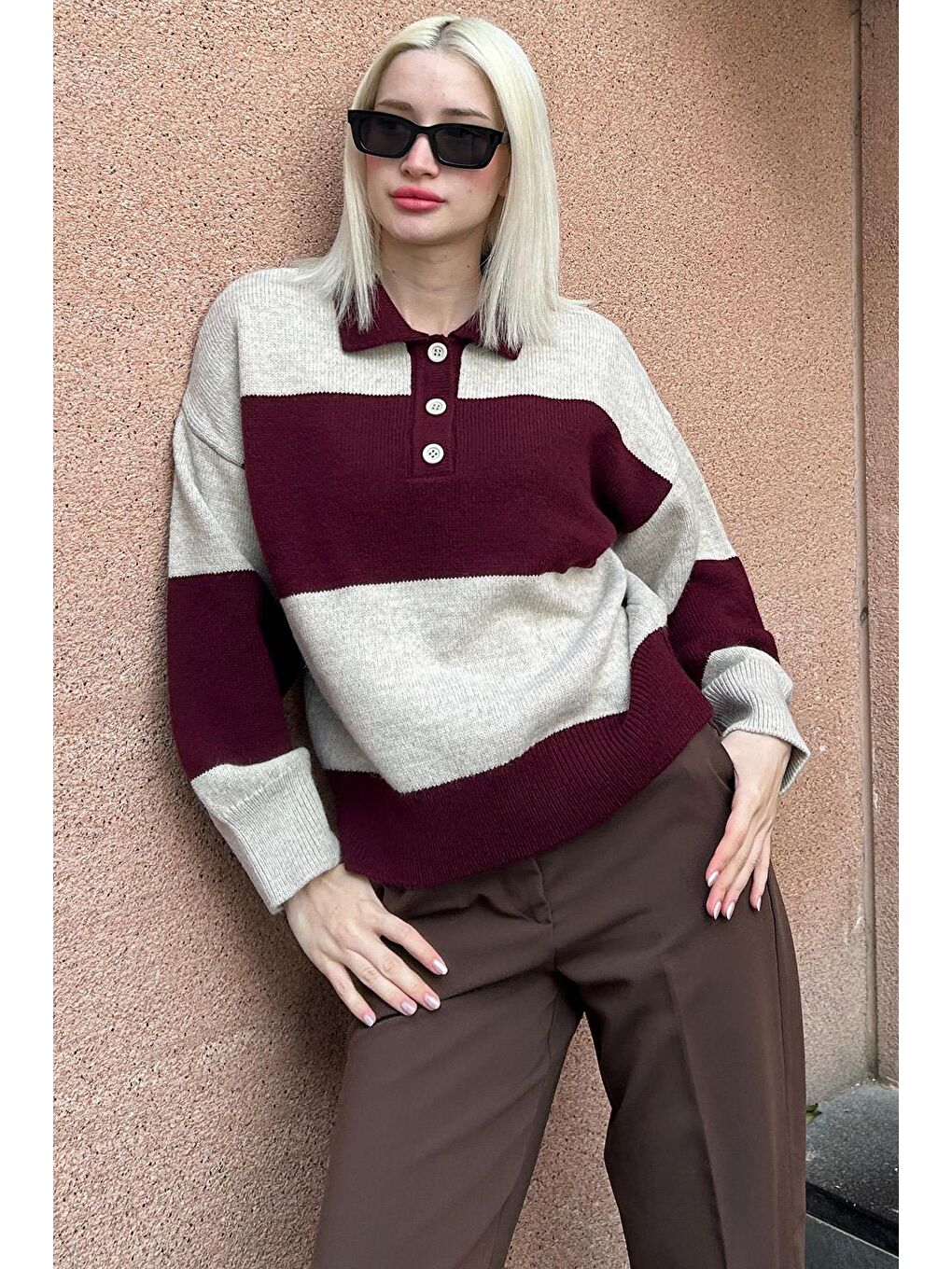 Bordo Düğmeli Polo Yaka Çizgili Kadın Kazak Mg2286-1