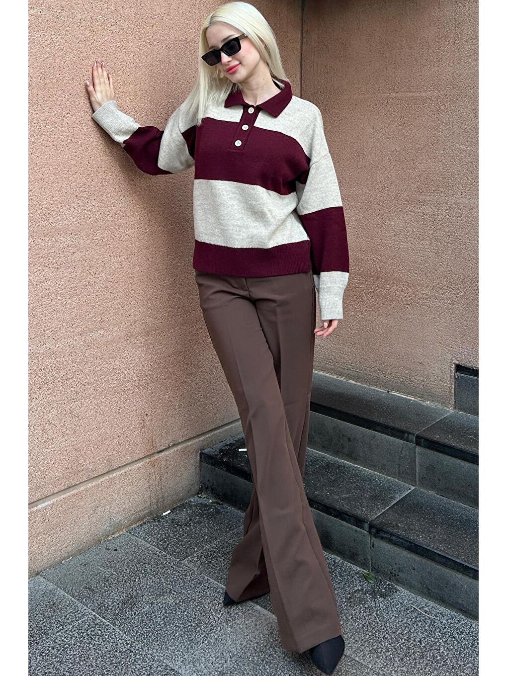 Bordo Düğmeli Polo Yaka Çizgili Kadın Kazak Mg2286-3