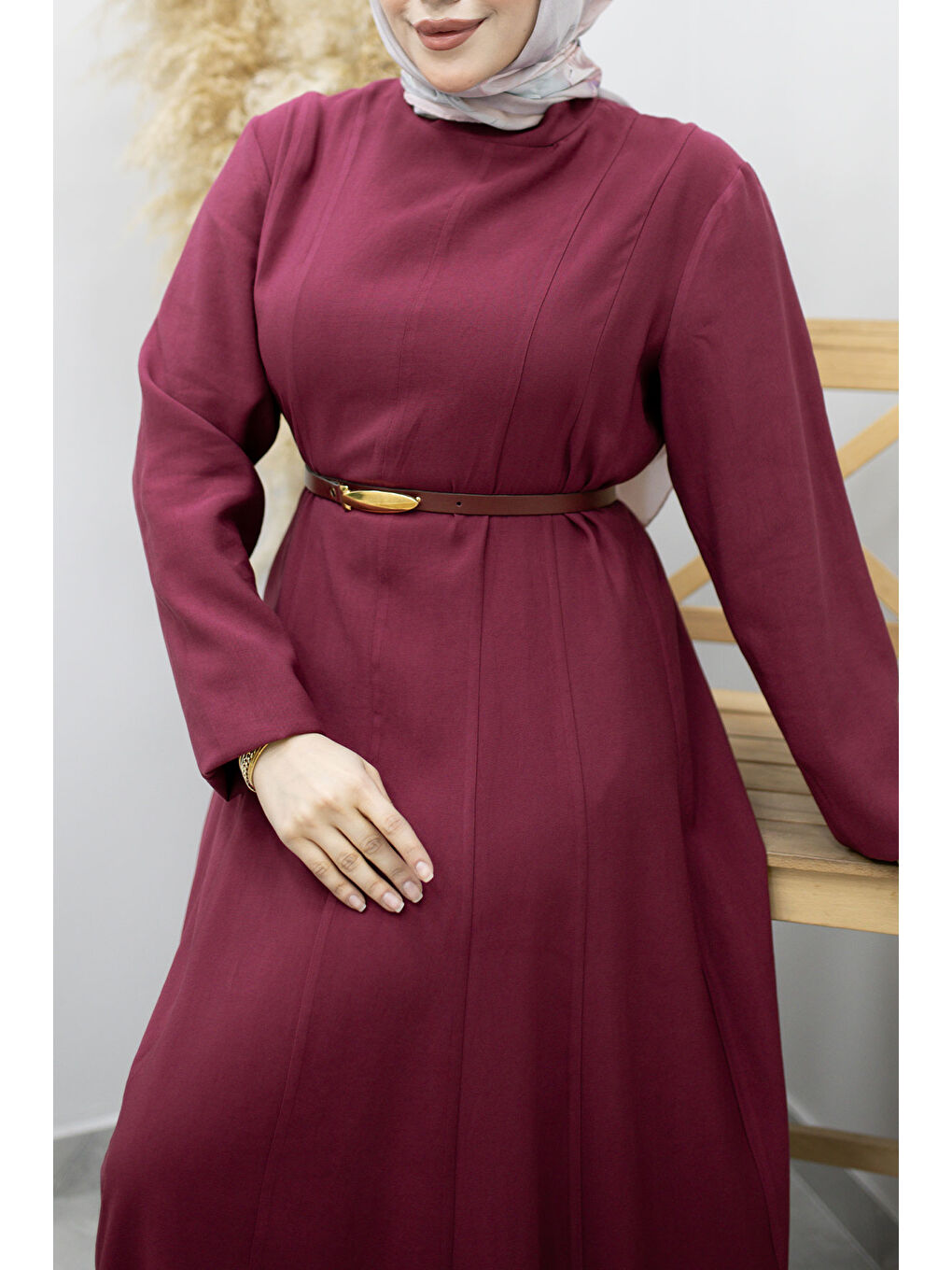 Pensli Hakim Yaka Kemerli Elbise TSD260184 Fuşya-3