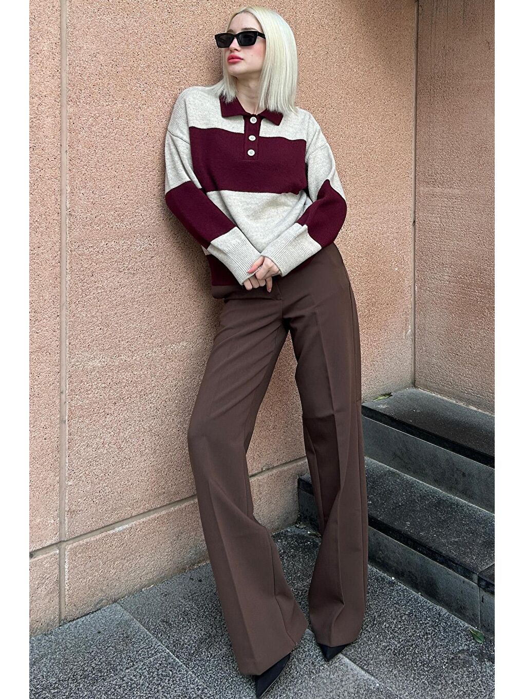 Bordo Düğmeli Polo Yaka Çizgili Kadın Kazak Mg2286-4