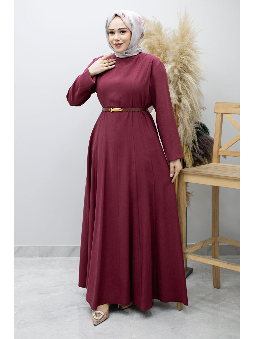 Pensli Hakim Yaka Kemerli Elbise TSD260184 Fuşya-4