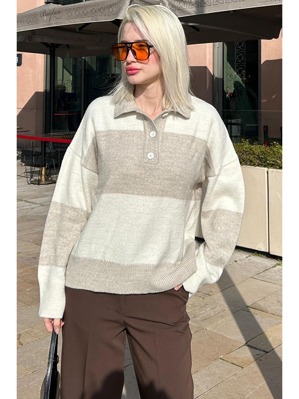 Bej Düğmeli Polo Yaka Çizgili Kadın Kazak Mg2286-4