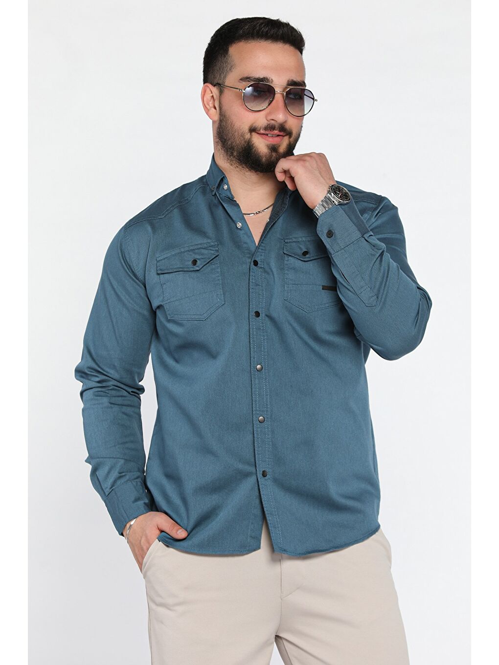 Petrol Erkek Cepli Çıtçıtlı Uzun Kol Gömlek