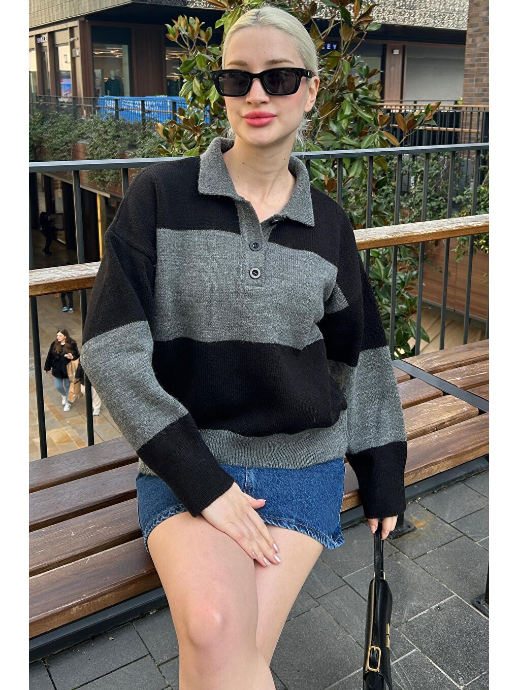 Antrasit Düğmeli Polo Yaka Çizgili Kadın Kazak Mg2286