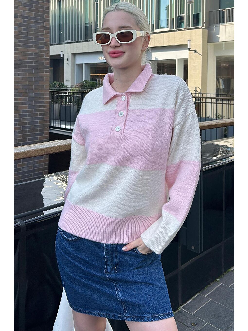 Pembe Düğmeli Polo Yaka Çizgili Kadın Kazak Mg2286-1