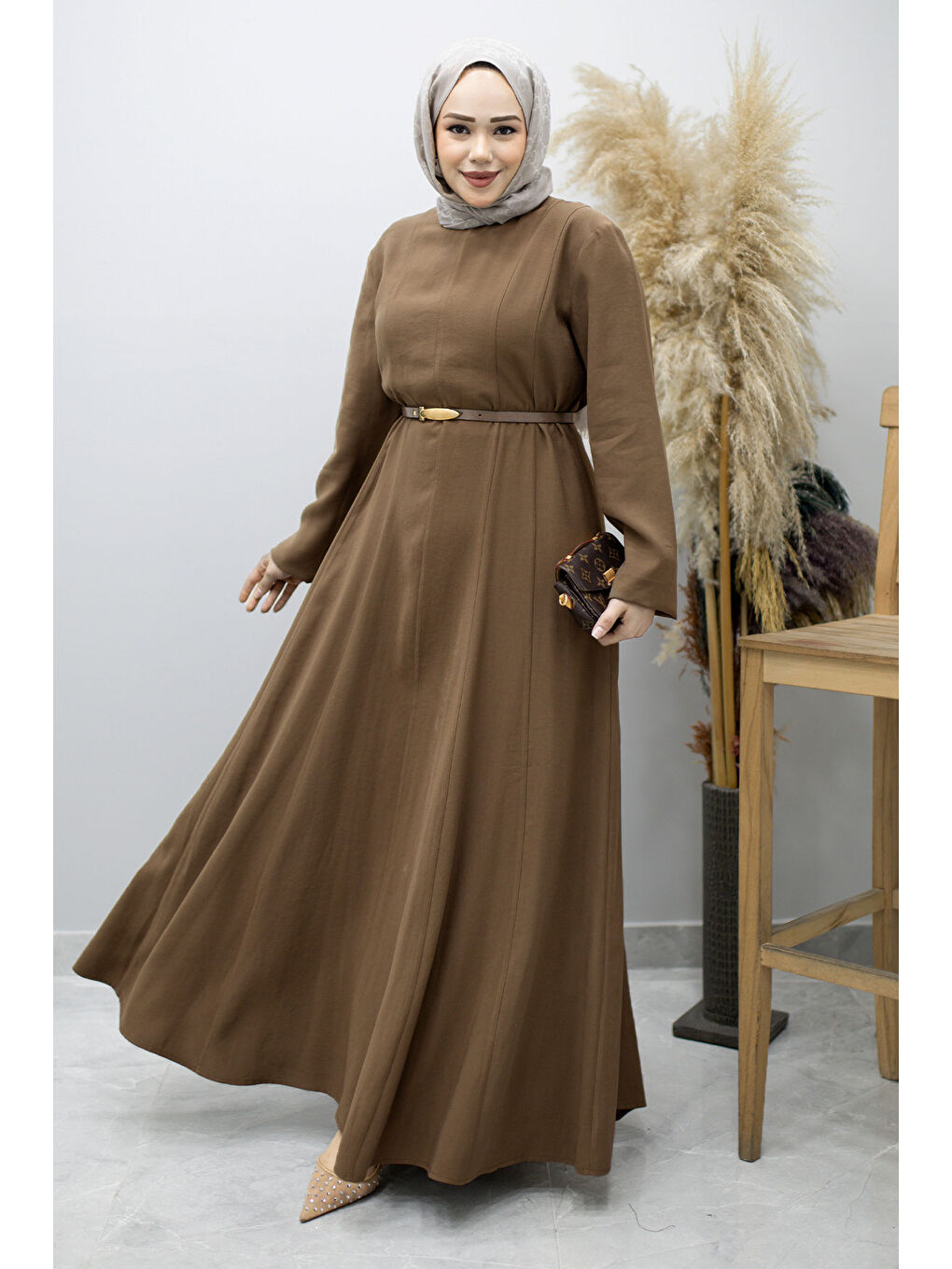 Pensli Hakim Yaka Kemerli Elbise TSD260184 Kahverengi