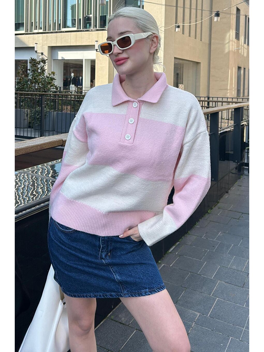 Pembe Düğmeli Polo Yaka Çizgili Kadın Kazak Mg2286-3