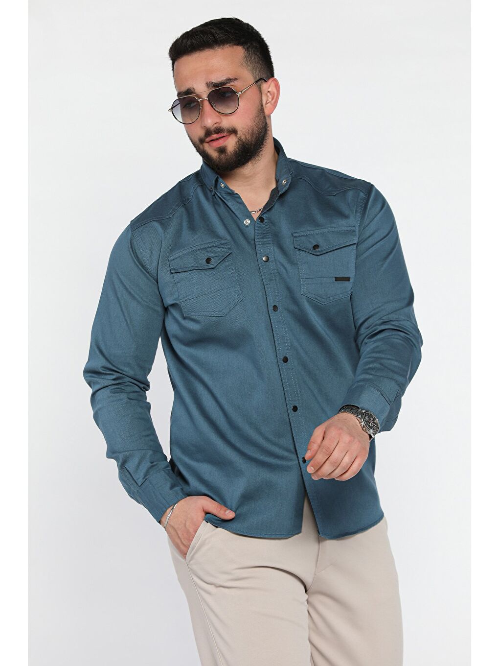 Petrol Erkek Cepli Çıtçıtlı Uzun Kol Gömlek-1