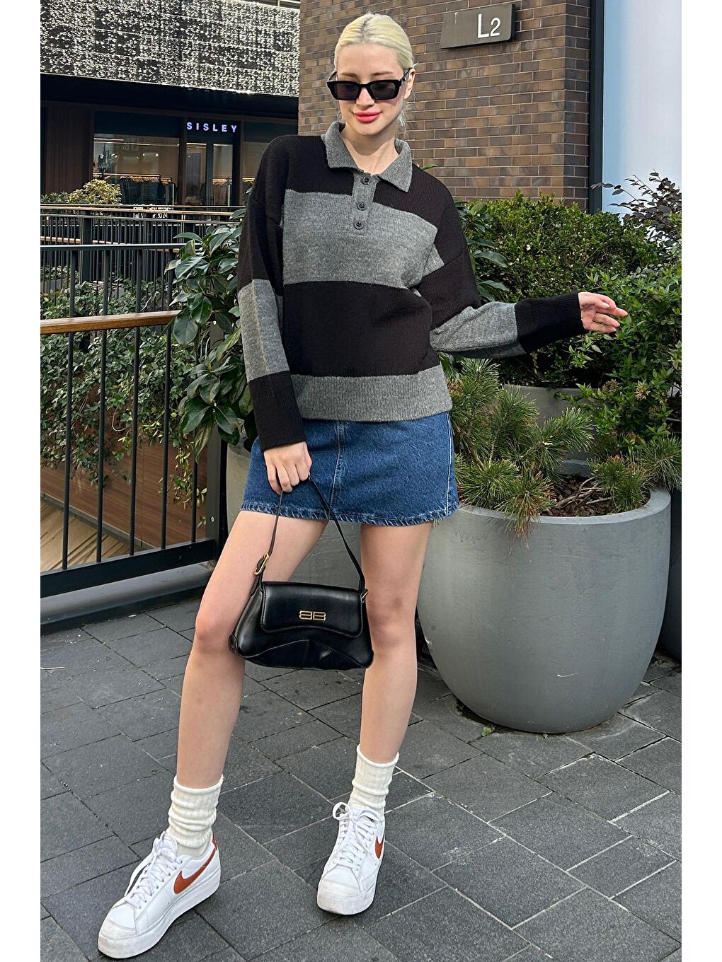 Antrasit Düğmeli Polo Yaka Çizgili Kadın Kazak Mg2286-1