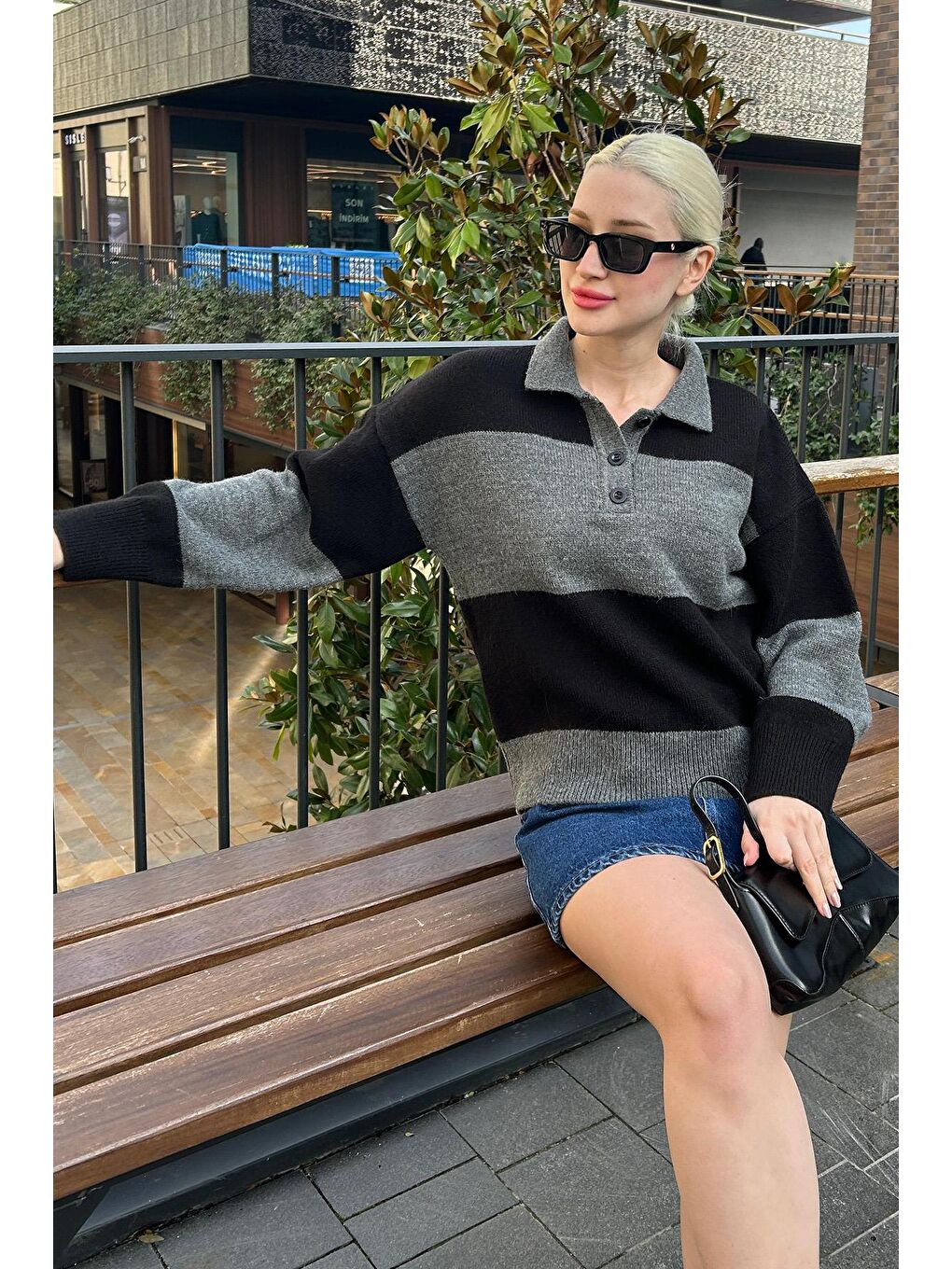 Antrasit Düğmeli Polo Yaka Çizgili Kadın Kazak Mg2286-3