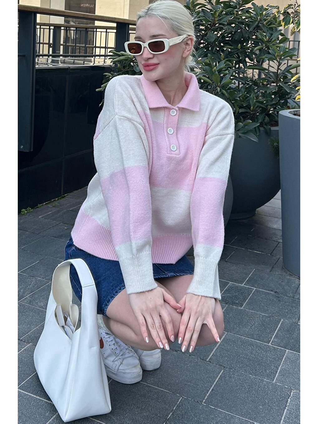 Pembe Düğmeli Polo Yaka Çizgili Kadın Kazak Mg2286-5