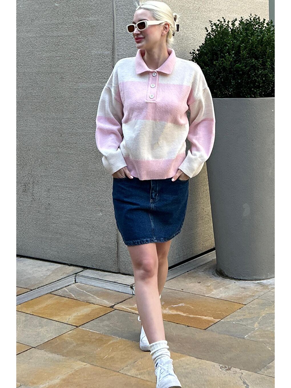 Pembe Düğmeli Polo Yaka Çizgili Kadın Kazak Mg2286-6