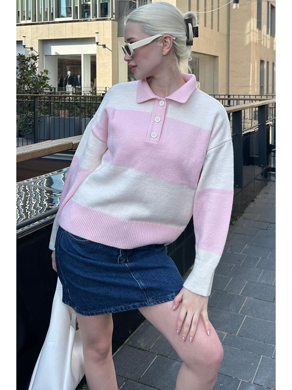 Pembe Düğmeli Polo Yaka Çizgili Kadın Kazak Mg2286-7