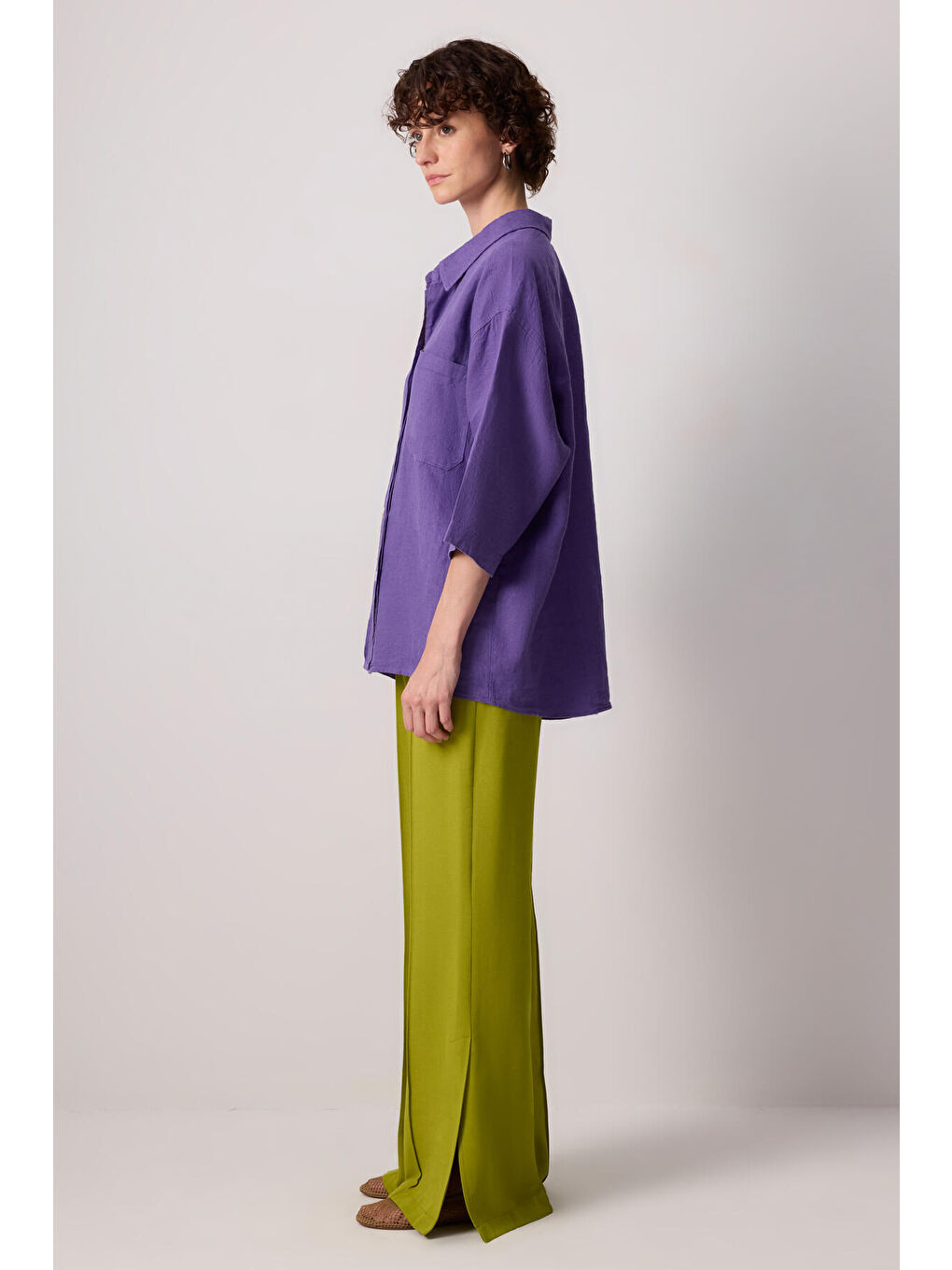 Mor %100 Keten Cep Detaylı Gömlek-2