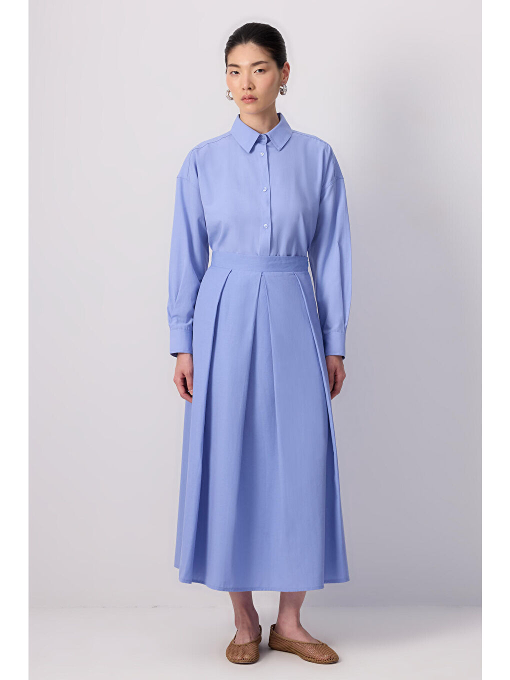 Mavi Geniş Pileli Etek