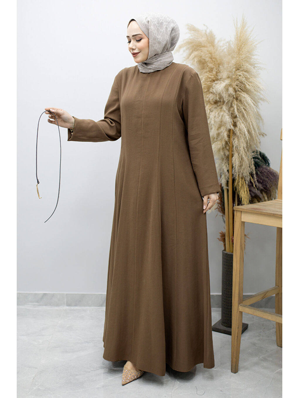 Pensli Hakim Yaka Kemerli Elbise TSD260184 Kahverengi-2