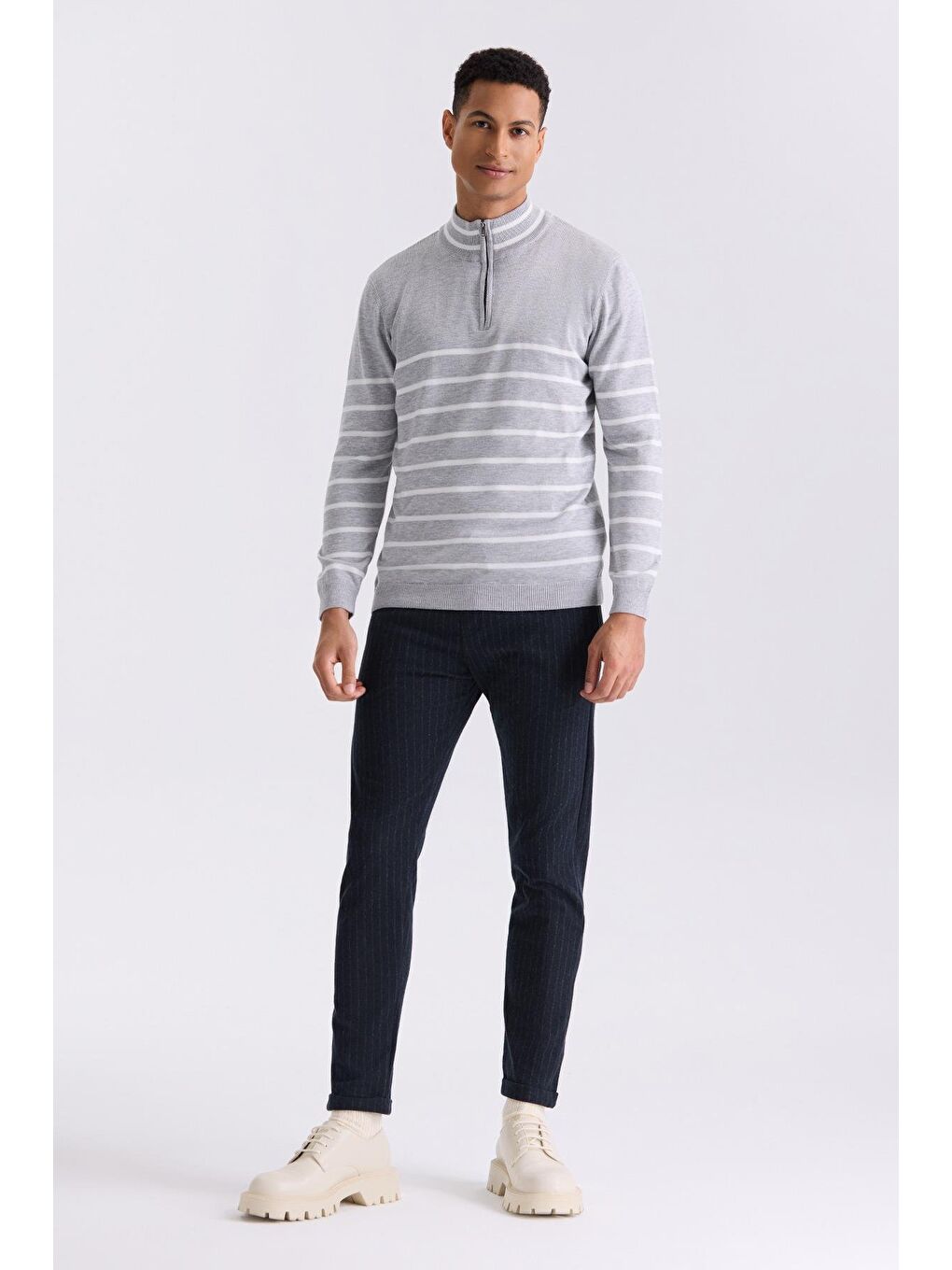 Gri Slim Fit Yarım Balıkçı Triko Kazak-1