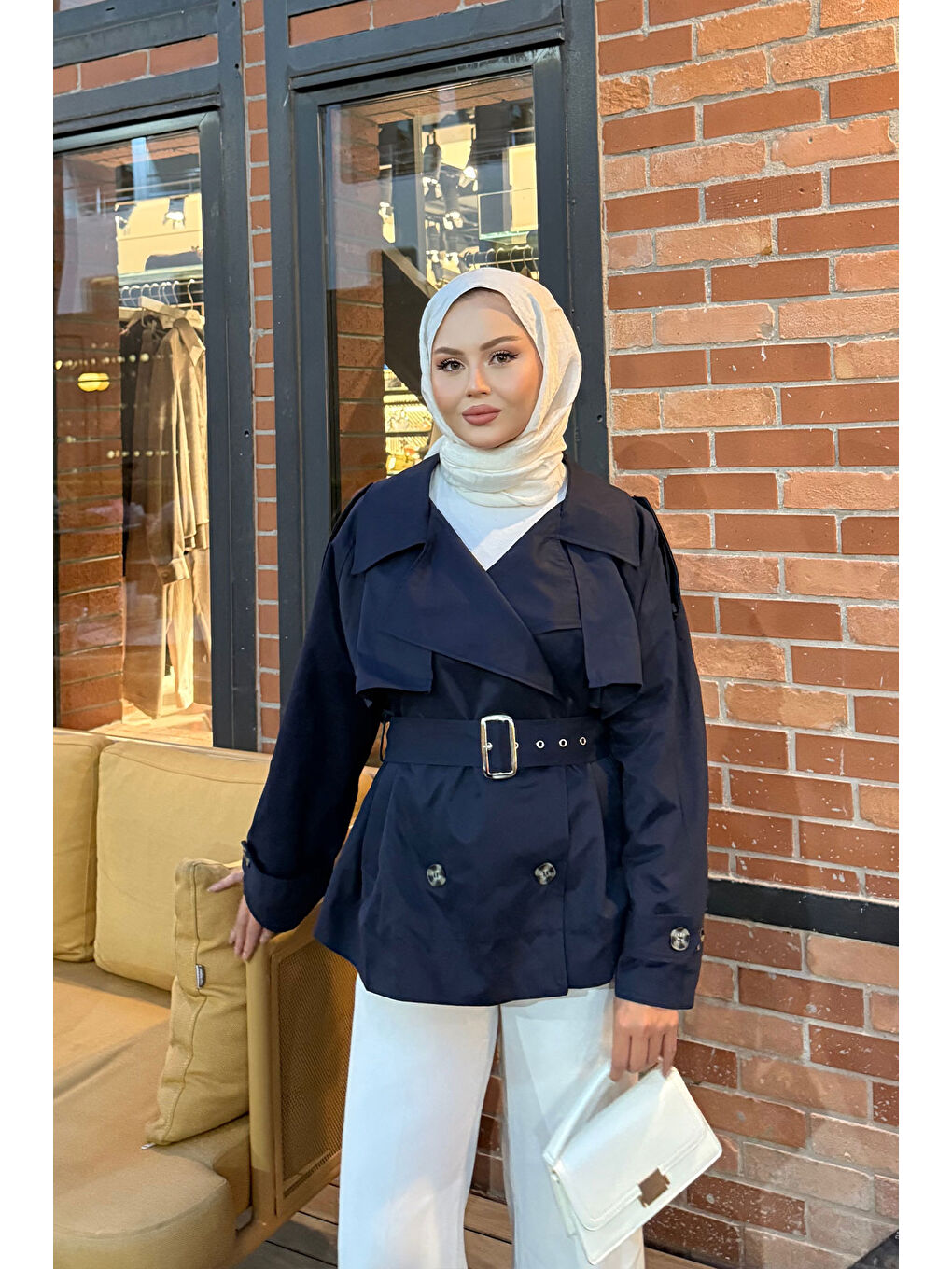 Kadın Kemer Detay Kısa Trenç Lacivert-2