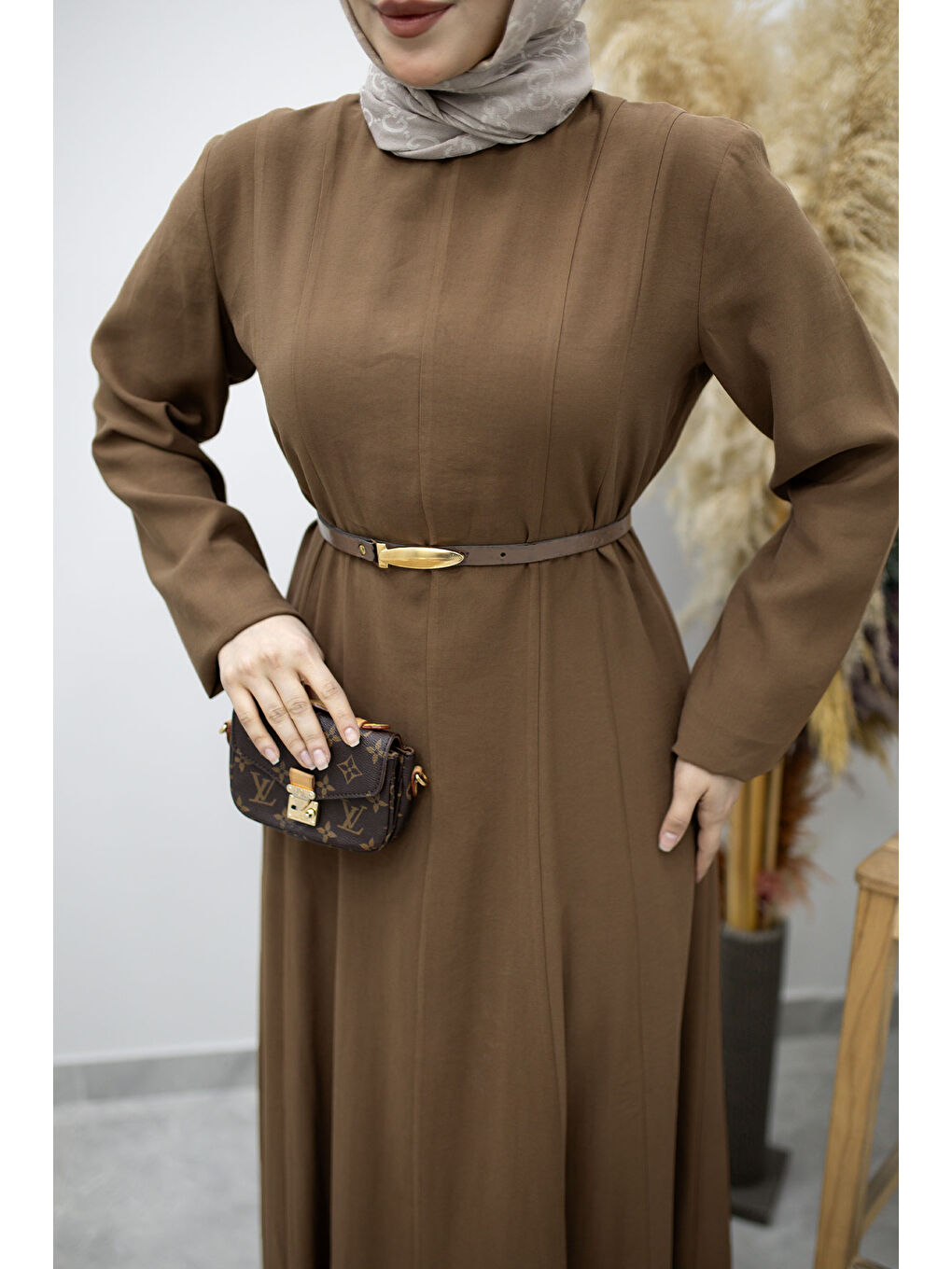 Pensli Hakim Yaka Kemerli Elbise TSD260184 Kahverengi-3