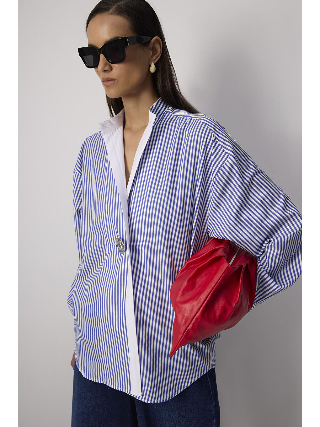 Mavi Metal Düğmeli Çizgili Tunik