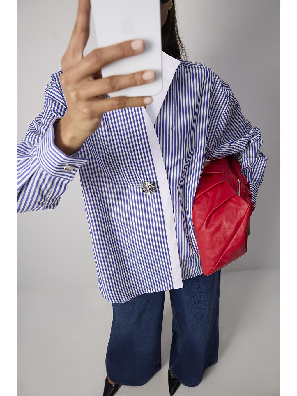 Mavi Metal Düğmeli Çizgili Tunik-1