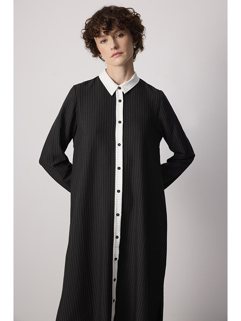 Siyah Çizgili Gömlek Elbise-1