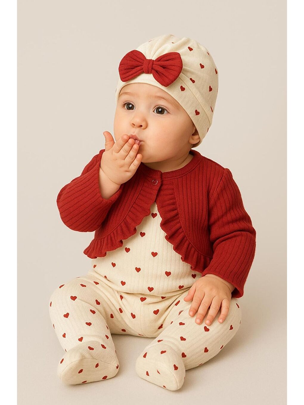 Kırmızı Kız Bebek Fırfırlı Hırka Desenli Tulum Fiyonk Bere 3’lü Takım