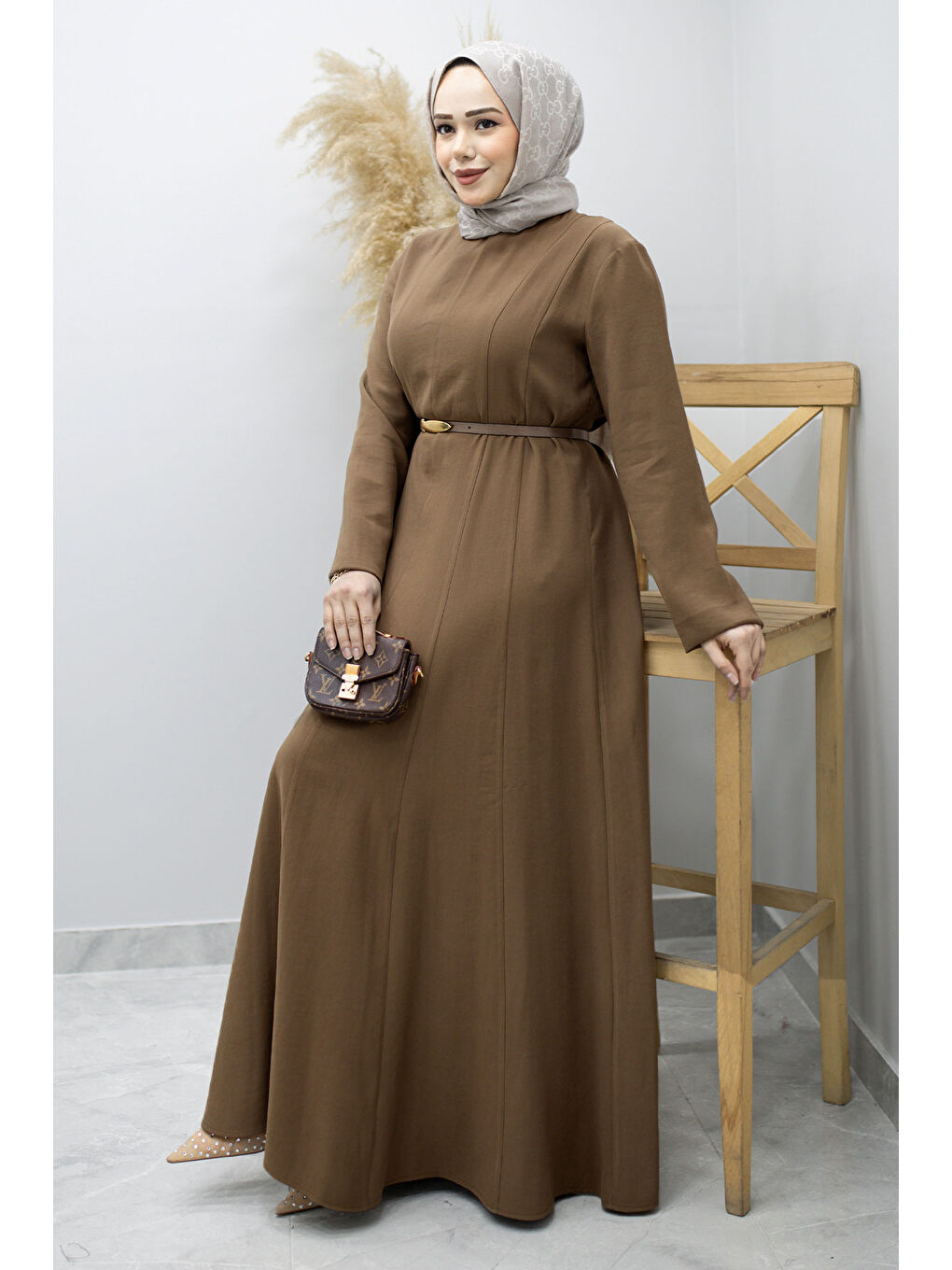 Pensli Hakim Yaka Kemerli Elbise TSD260184 Kahverengi-4