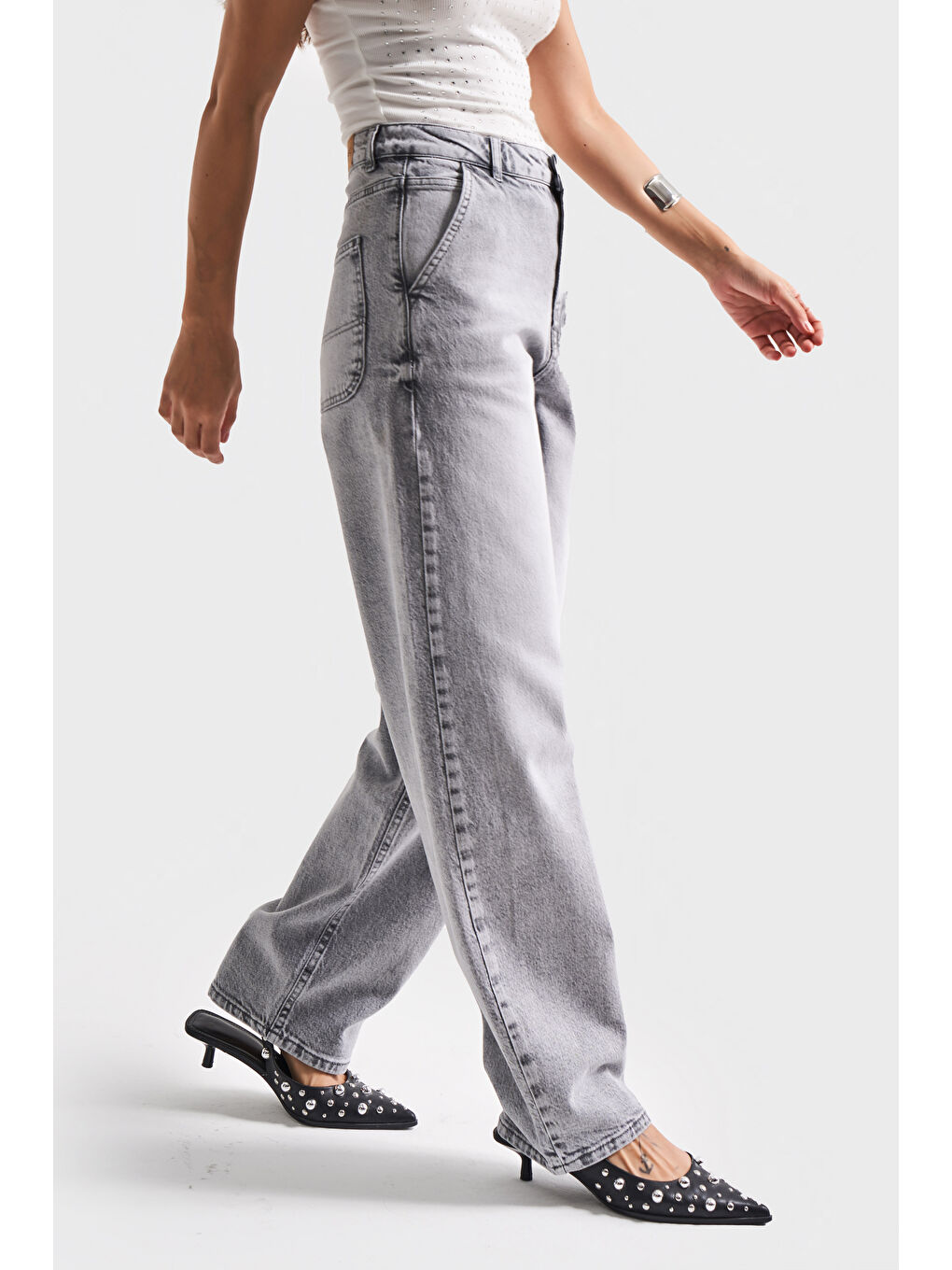 Kadın Gri Renk 4S5-12 Skater Fit Elastanlı Bol Kesim Denim Jean-1