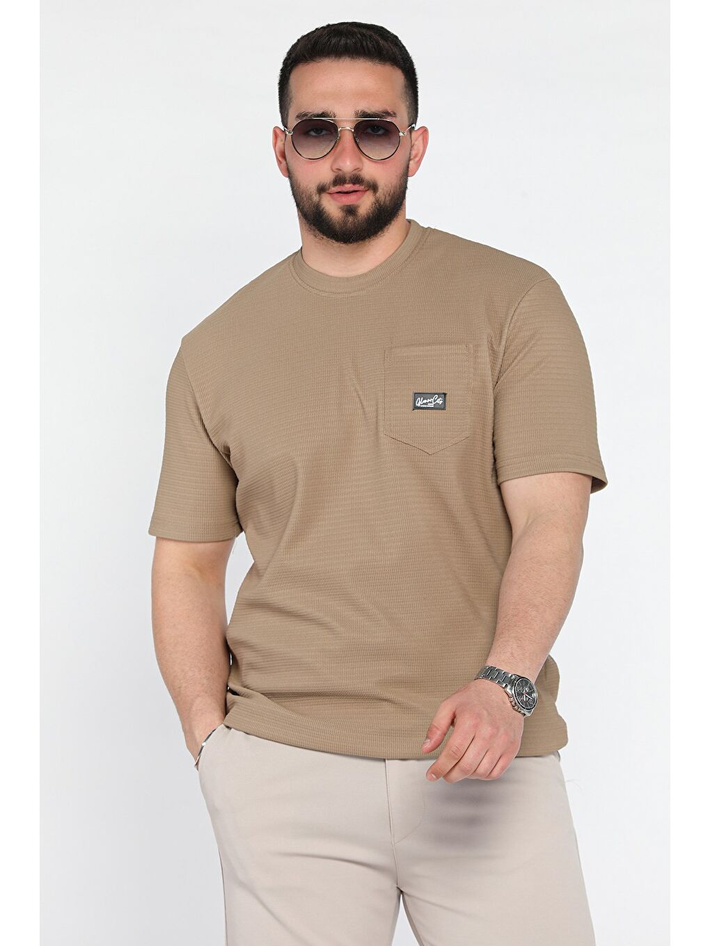 Bej Bisiklet Yaka Cepli Erkek Tişört
